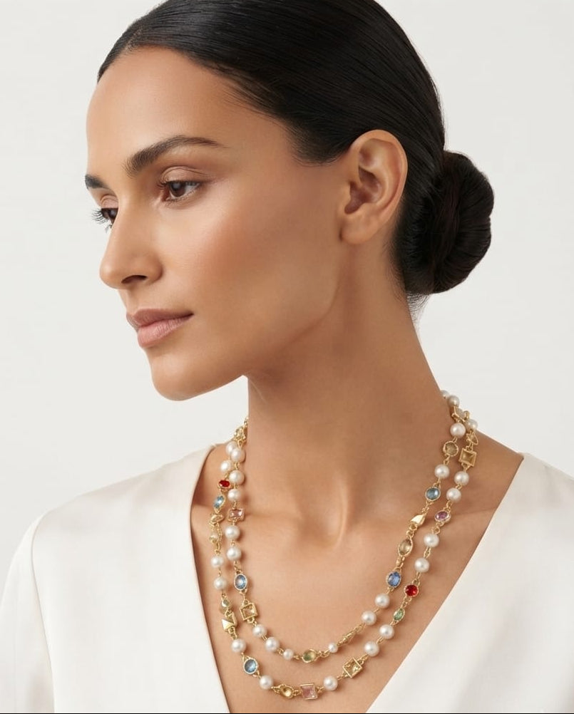 Collana Lunga Regina di Cuori con Gemme Multicolore